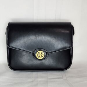 Tory Burch Robinson Spazzolato Convertible Black Leather Shoulder Bag Gold Logo